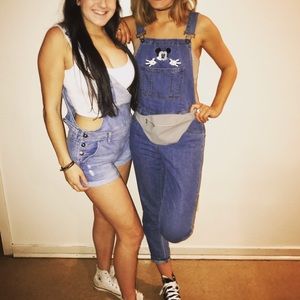 Mickey Mouse denim overalls on the right